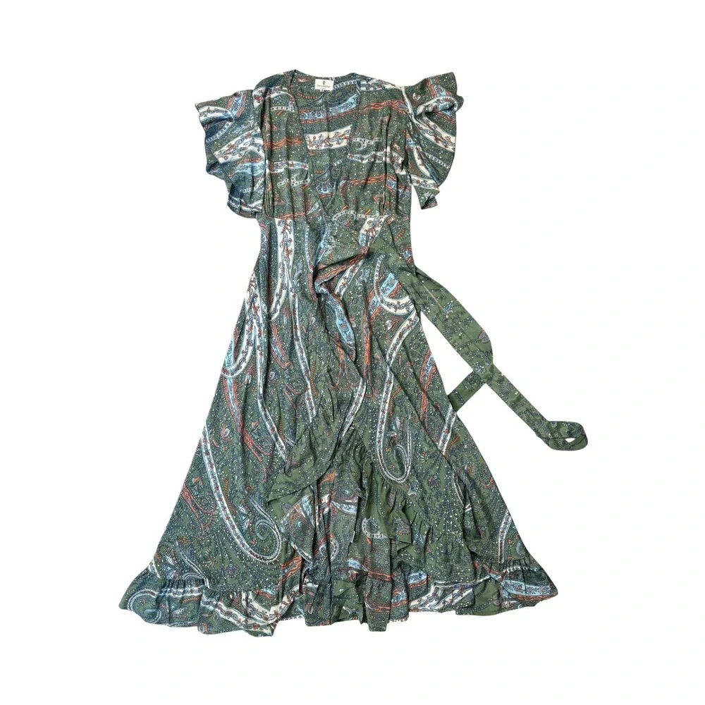 Perry Walker Silk Blend Paisley Print Wrap Maxi Ruffle Dress M Boho Coastal